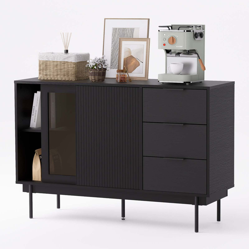 Black Wood Sideboard with Sliding Doors and Drawers, 47" x 31.5"
