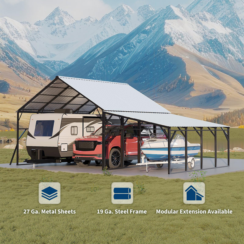 12x20 ft Wall-Mounted Lean-To Carport, Vertical Roof with 11.5° Slope, Heavy-Duty 19-Gauge Steel Frame