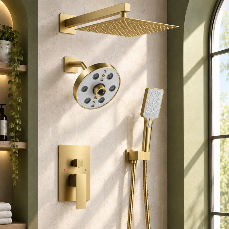 Système de douche à pluie haute pression 10 po, robinet de douche mural avec douchette, Or brossé