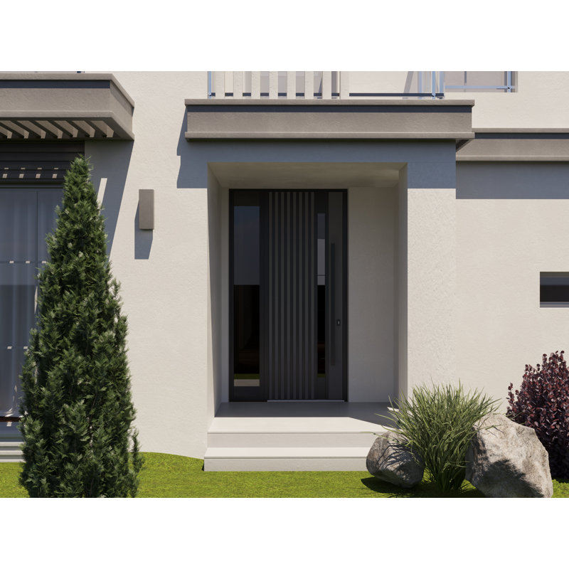 Porte d'entrée extérieure prémontée en acier Ronex 0144, grise, avec imposte latérale et supérieure, style moderne, peinte, largeur 36+16 po x hauteur 96+16 po, ouverture à droite vers l'intérieur
