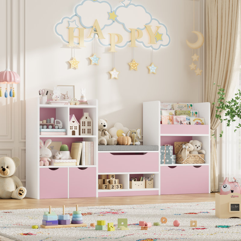 Bibliothèque pour enfants 4 en 1 de 72 po x H 37 po avec 3 tiroirs, coussin moelleux, bibliothèque à 3 couches, coin lecture