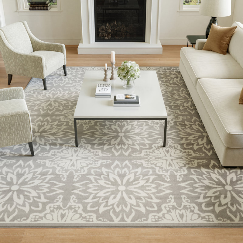 Tapis floral ivoire / gris Yurig, Rectangle 8 pi 6 po x 12 pi