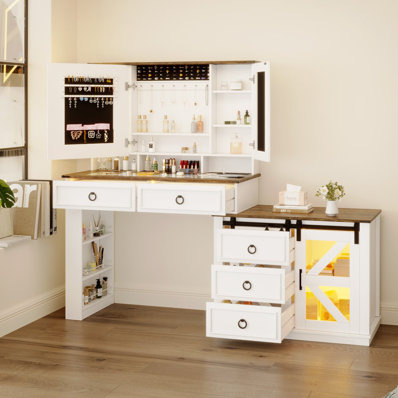 39" Oversized Makeup Mirror Vanity Table - Large Storage Side Cabinet With Tri-Color LED Smart Power Outlet, White/Brown