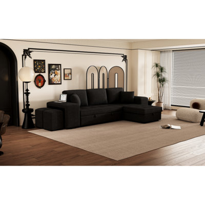 Canapé modulaire gris anthracite avec canapé-lit convertible et rangement, 2 tabourets pour la vie, canapé-lit réversible, tabourets,