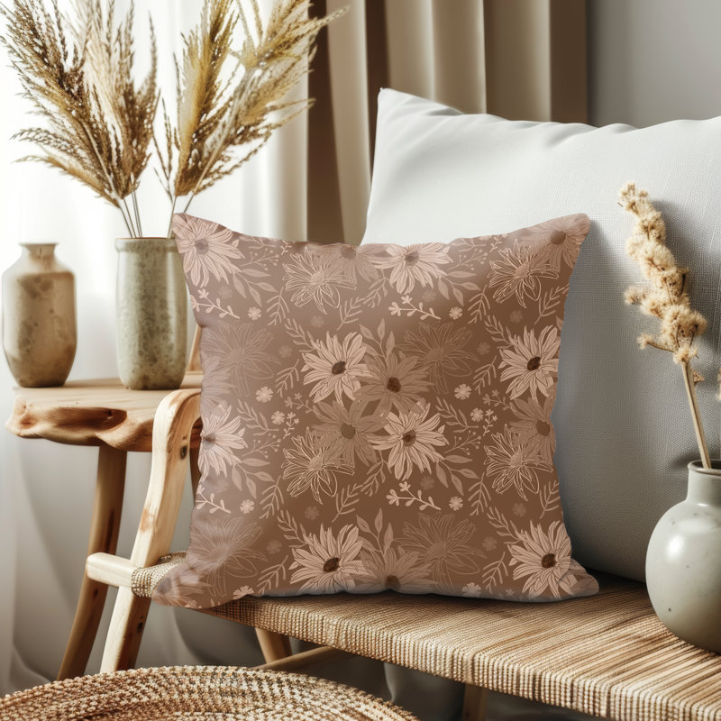Housse de coussin, Floral brun, H 14 po x l 14 po