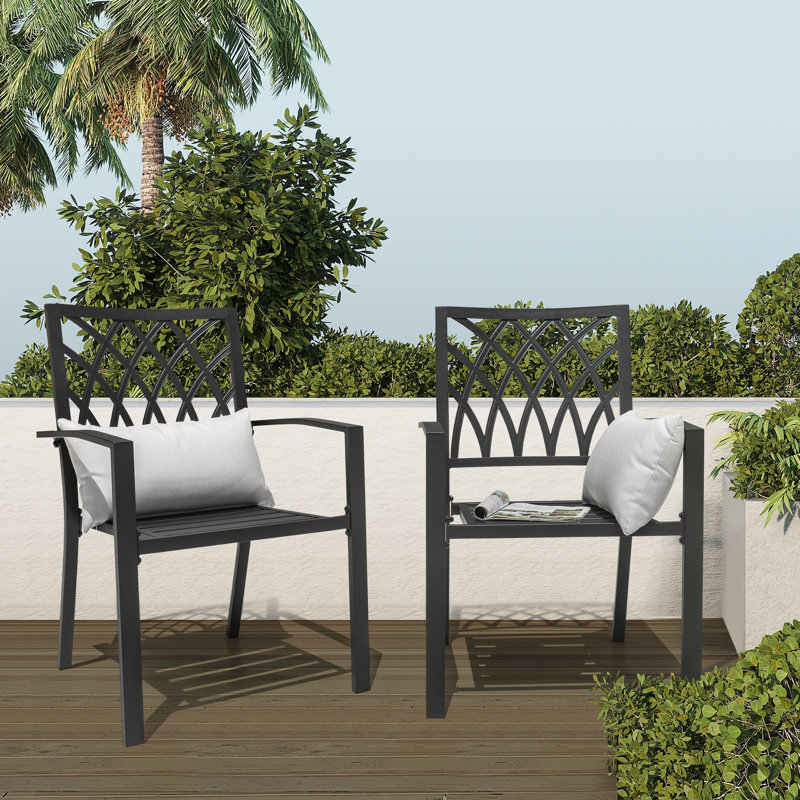 Chaise d'extérieur Rainen de 2 chaises de salle à manger, structure en fer thermolaqué et motif de treillis pour patio, noir