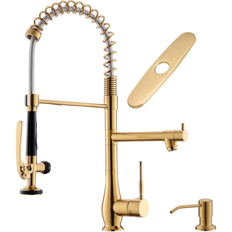 Commercial Kitchen Faucet with Pull Down Sprayer, Double Headed Single Handle High Pressure Kitchen Faucet with Soap Dispenser