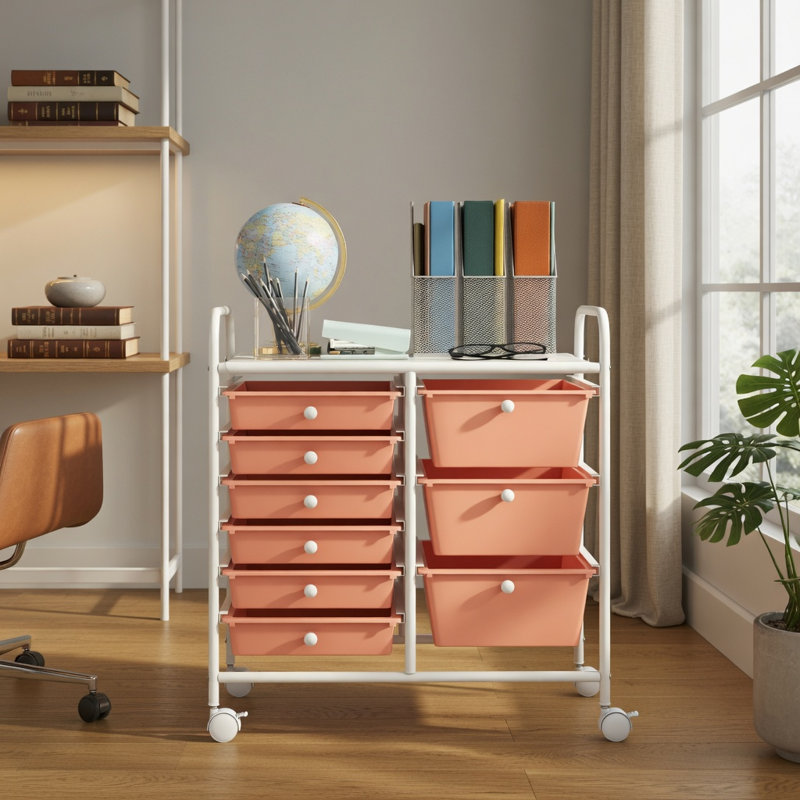  Chariot de rangement roulant à 9 tiroirs avec tiroirs en PP colorés et structure en métal robuste, organisateur compact pour la maison, le bureau, le salon et la salle de classe, pêche