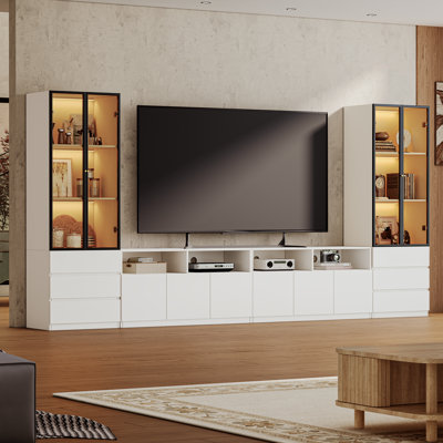 Crafton 141.7'' White Modular Entertainment Center TV Stand With Bookshelf For 100 inch TV, Modern Wooden Storage Living Room Cabinet Set With Extra Long Media Console Table And Lights Glass Door bookshelves