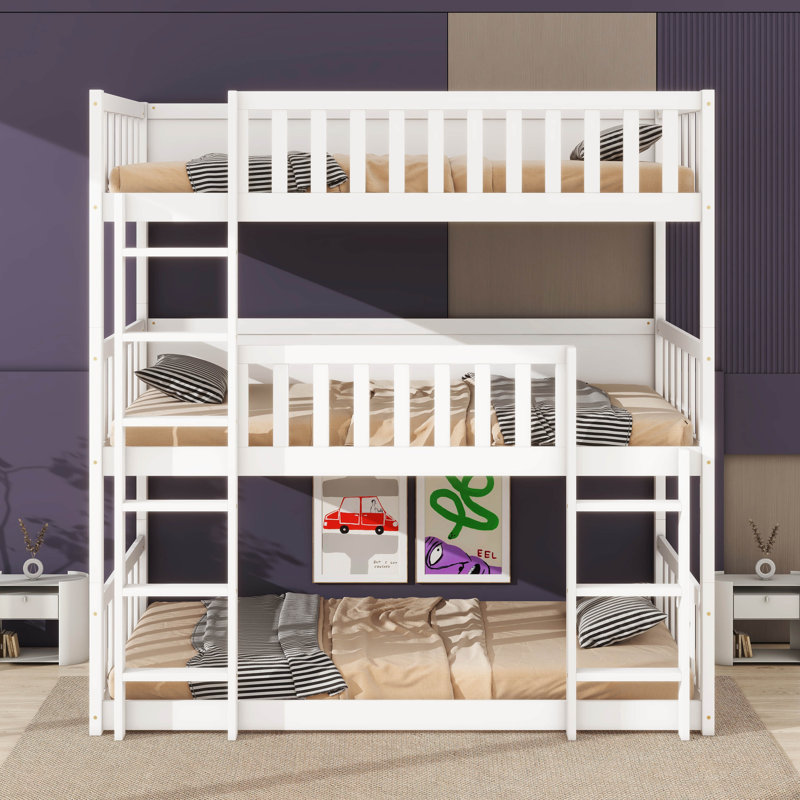 Kayda Twin Over Twin Over Twin Triple Rubber Wood Bunk Bed, With Ladders, Guardrails Detachable Bunk Bed, White