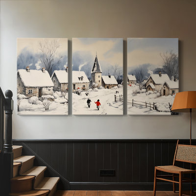 Snowy Christmas Village With Decorated Tree Watercolor 3 Piece Canvas Wall Art Set - Christmas Holiday Triptych, 24x36 Each Panel, Gallery Wrapped Ready to Hang - Christmas Series XXI