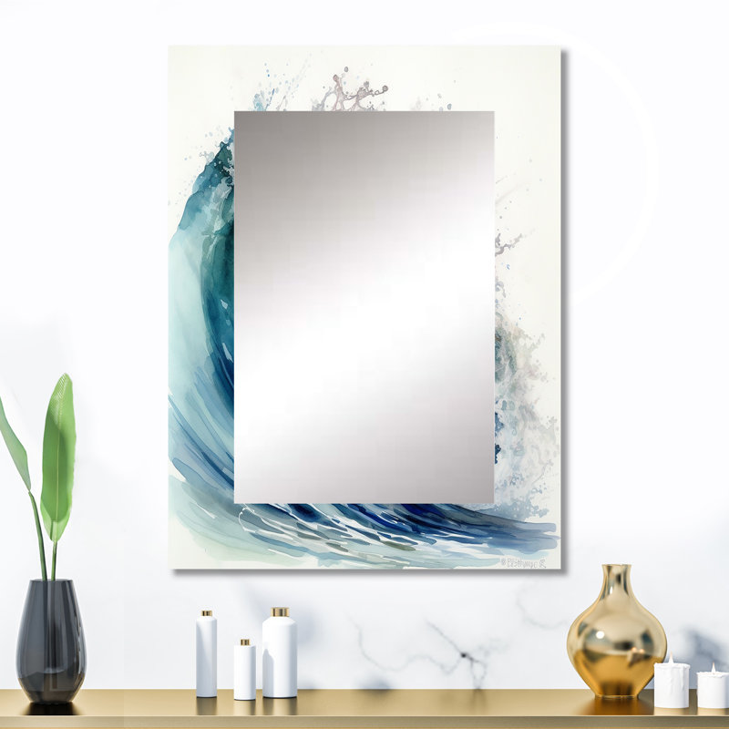 Mouvement océanique VI - miroir de plage unique, grand miroir mural vert, impression d'art en métal, 32 po x 24 po
