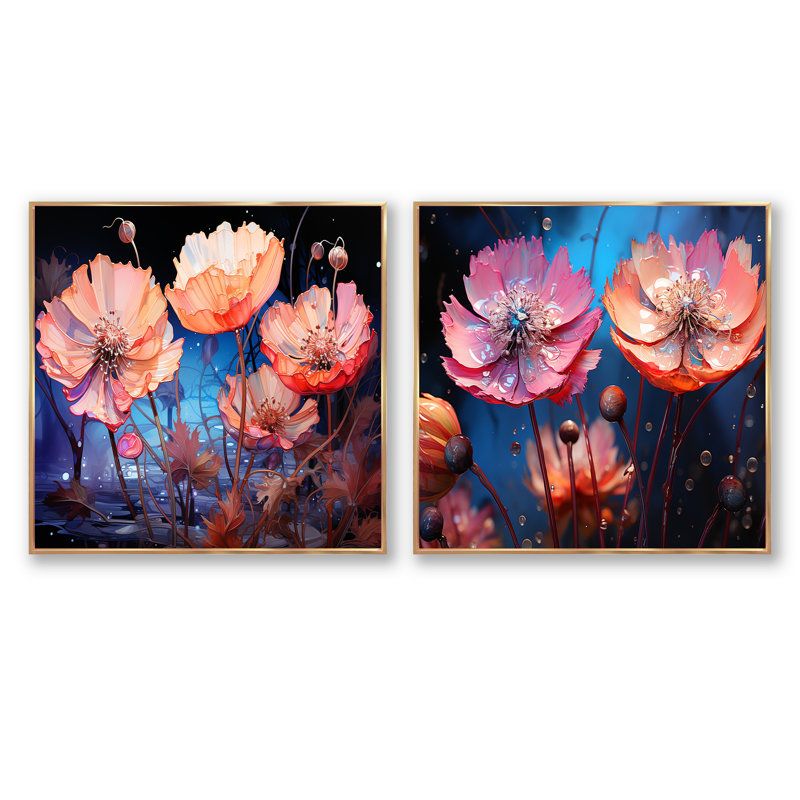 Ensemble de 2 fleurs de néon rose et bleuet, H 16 po x l 33 po, Cadre flottant doré