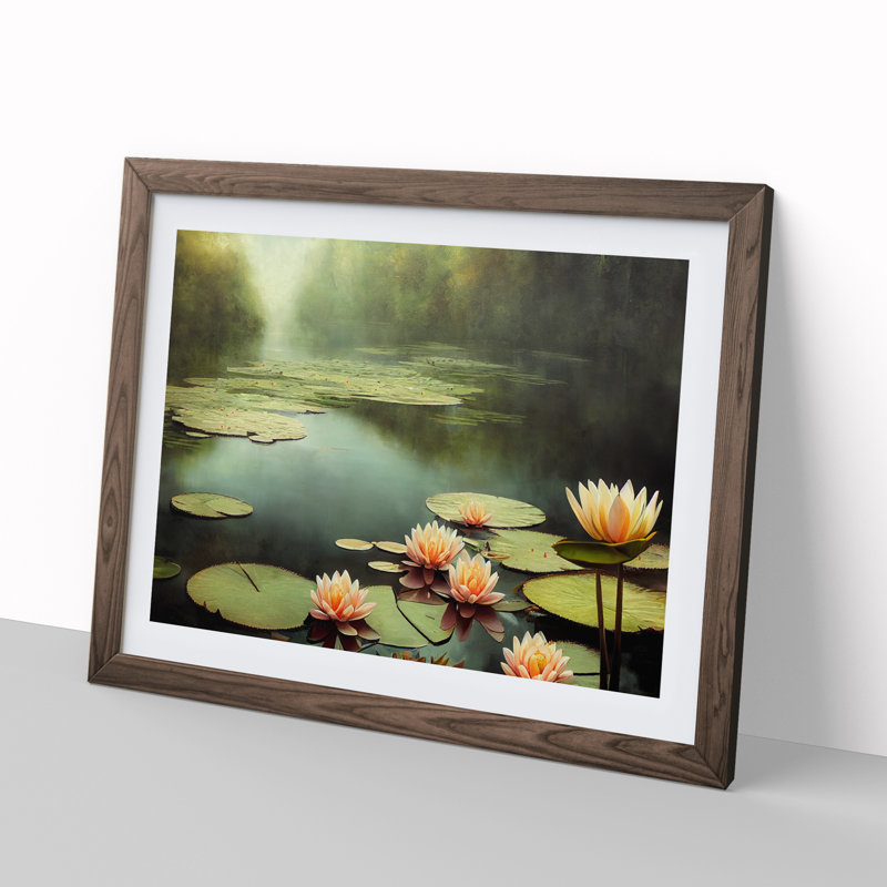Misty Water Lily Pond - Framed Print, 34cm H x 46cm W, Walnut Framed