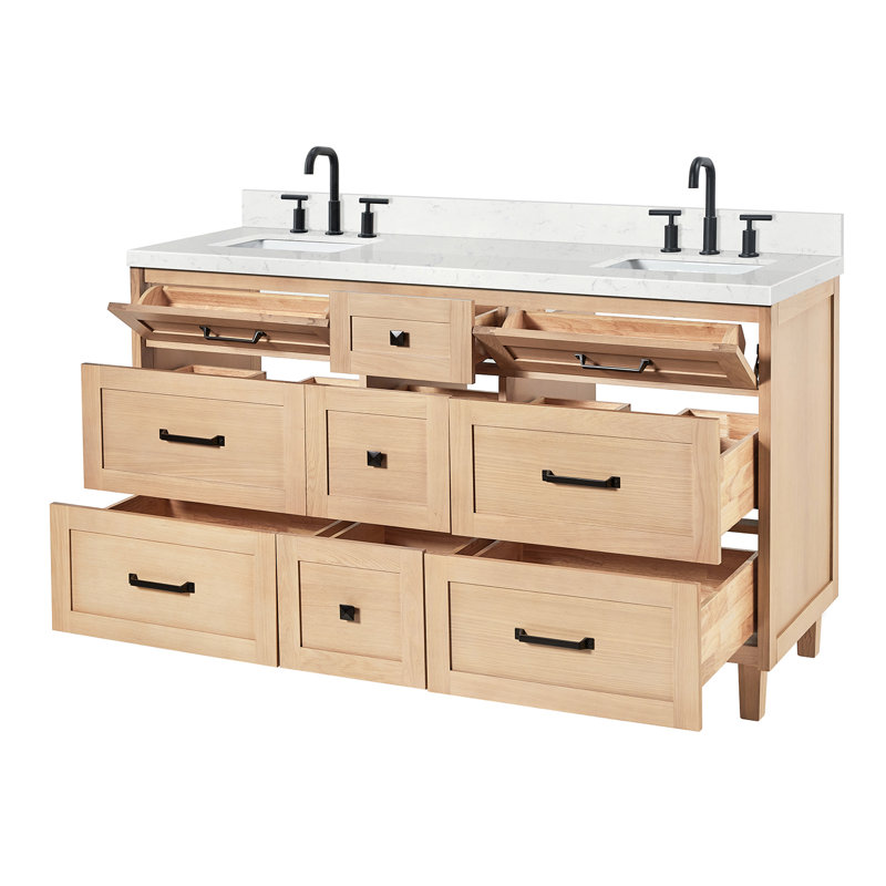Meuble-lavabo double 72 po ARIEL Monroe avec plateau en quartz de Carrare, Chêne, 60" - 61", Carrara White Quartz
