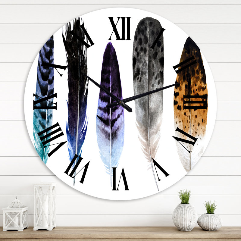 Horloge murale colorée Boho Feathers II - Bohème et éclectique, Surdimensionné