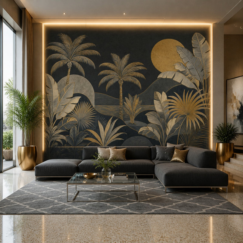 Dark Tropical Landscape Wallpaper Palm Trees Gold Sun Removable Wall Decor, 160 po x 108 po, Texturé non collé