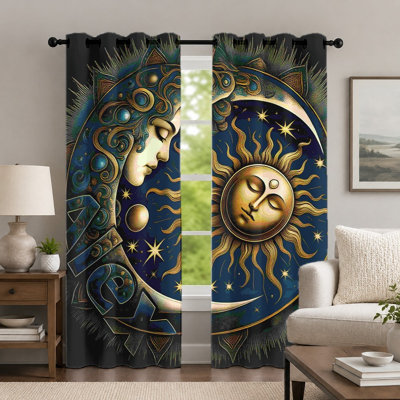 2 pièces de rideaux célestes de soleil et de lune, draperies de style bohémien, voiles mystérieuses avec œillets à imprimé ciel étoilé, habillage de fenêtre pour le décor de la chambre à coucher