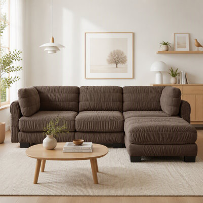 Canapé d'angle modulaire 3 places en chenille marron à détails froncés | Coussins de dossier épais en mousse haute densité | Pouf amovible | Montage facile | Parfait pour le salon et la chambre