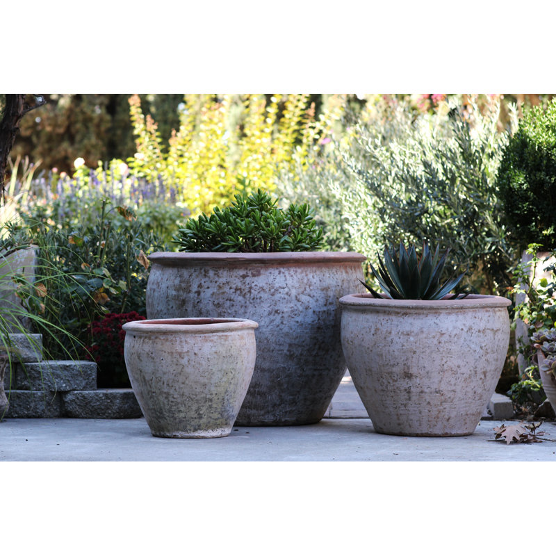 Pots de fleurs extra larges en grès Parco à bord arrondi, lot de 3 - Intérieur/Extérieur