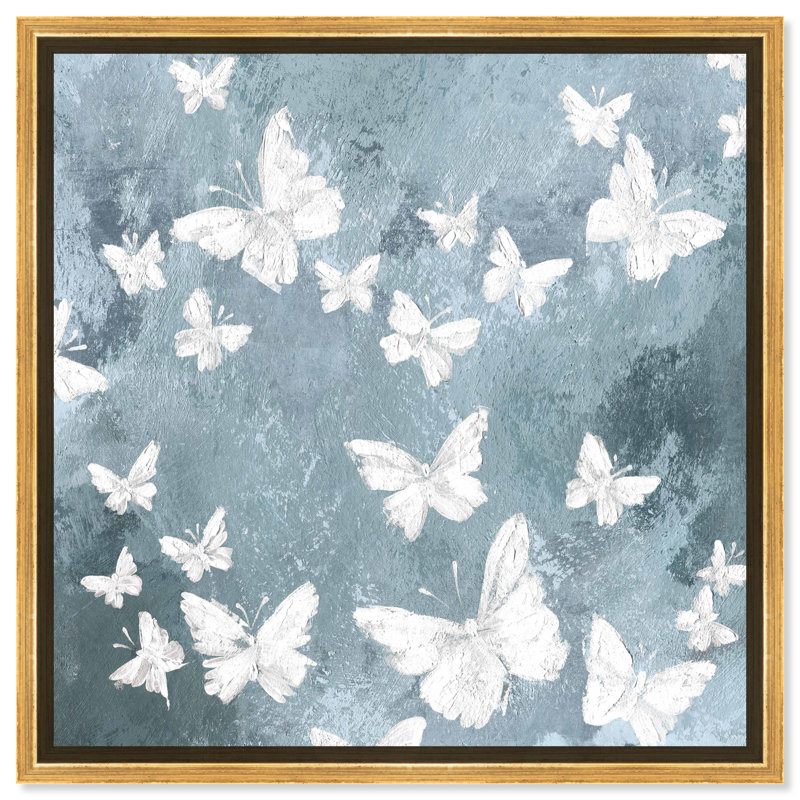 Animaux, papillons dans le vent, insectes - Impression sur toile, Cadre flottant doré, H 30 po x l 30 po