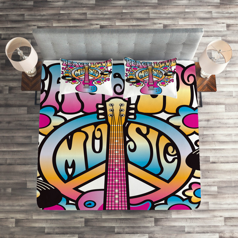 Colorful Peace Love Music Queen Quilted Bedspread Set