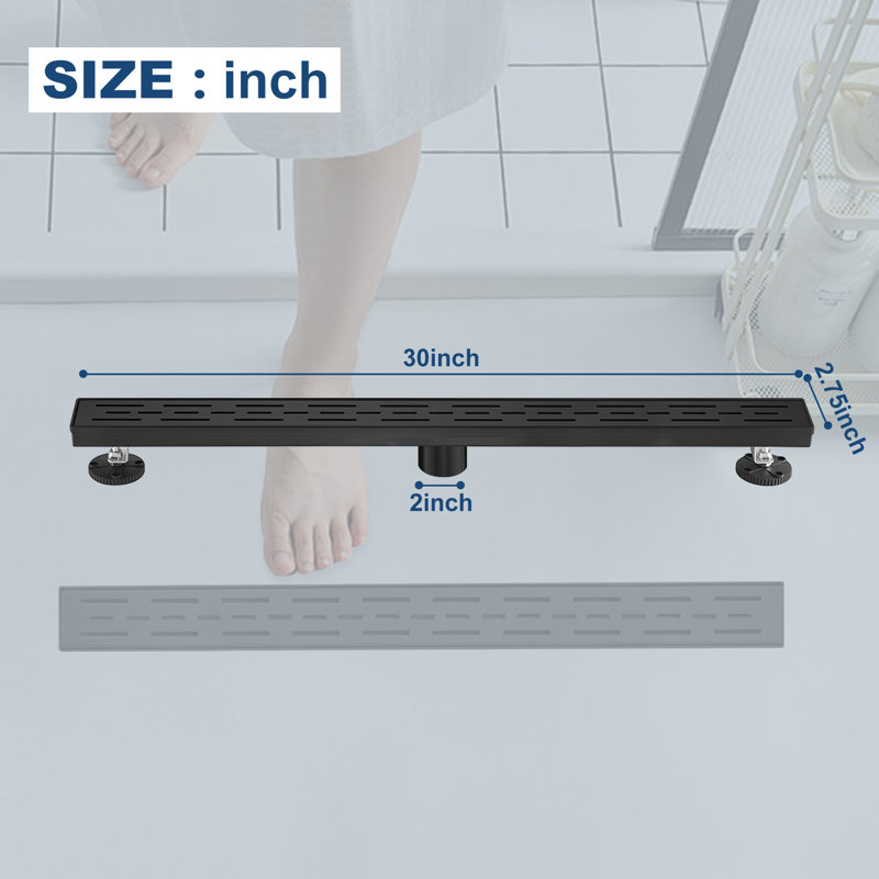 30 Inches Linear Shower Drain With Removable Bar Pattern Grate,Linear Drain With Hair Strainer And Leveling Feet,Stainless Steel,Matte Black