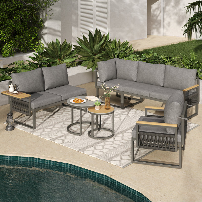 5-6 Seater Modular Outdoor Set With Adjustable Handrail Tables & Nesting Glass Tables
