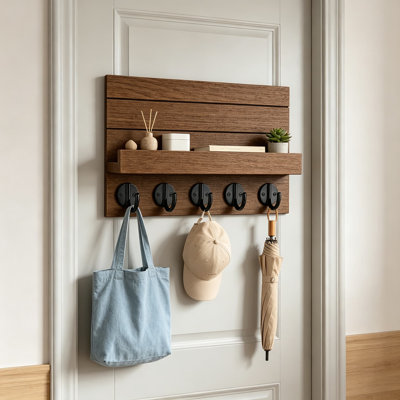Wall Mounted Key Holder with Shelf and Hooks, Decorative Key and Mail Organizer for Entryway, Wood Key Rack with Large Hooks for Keys, Sunglasses, and Hats