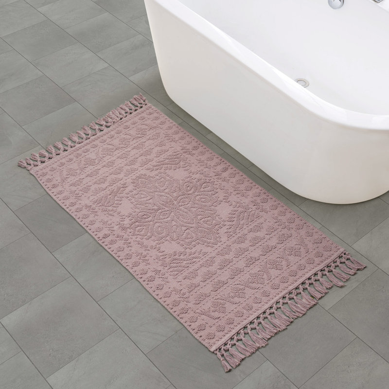 French Connection Nellore Fringe Machine Washable Cotton Bath Rug, 49" L x 26" W, Dusty Mauve