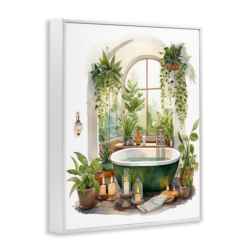 Tranquil Tub with Candles & Greenery Framed Giclee, design by Lettered and Lined, 14" H x 11" W, Coastal White Framed Giclee