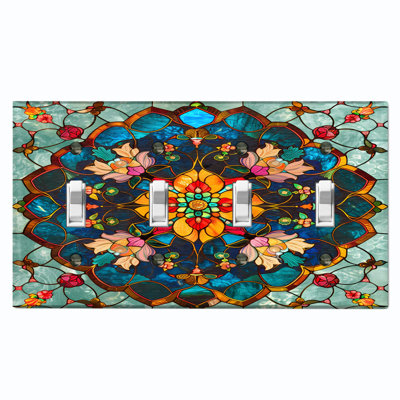 Plaque d'interrupteur en métal ; interrupteur à bascule 4 voies, taille standard américaine - Motif floral Art nouveau en vitrail