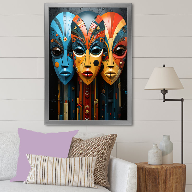 Masques de tribus mystiques d'Afrique sur toile, Cadre simple argenté, H 40 po x l 30 po x P 1,5 po
