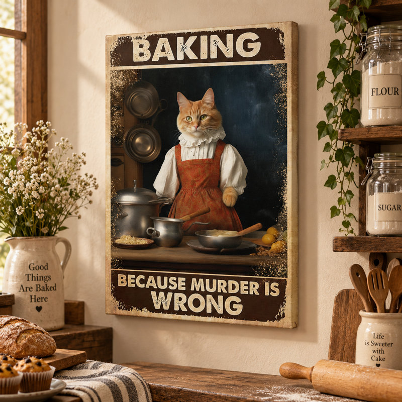 Décoration murale sur toile tendue « Chat en tablier en train de cuisiner parce que le meurtre est mal » - Décoration pour salon, chambre ou bureau