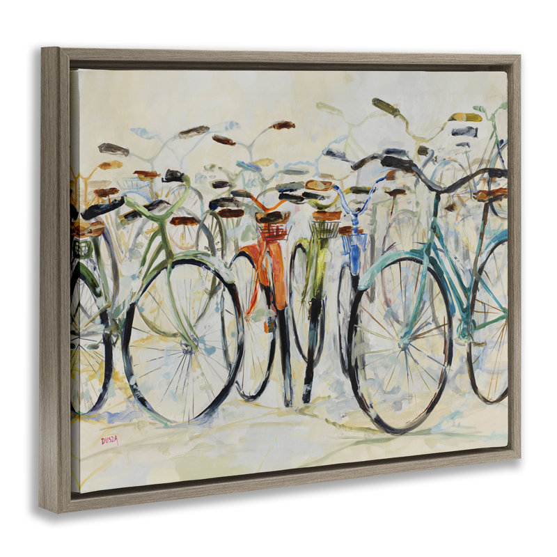Cadre flottant abstrait avec bicyclettes expressives, design par Dusza, H 25 po x l 31 po, Cadre flottant orme Montalcino