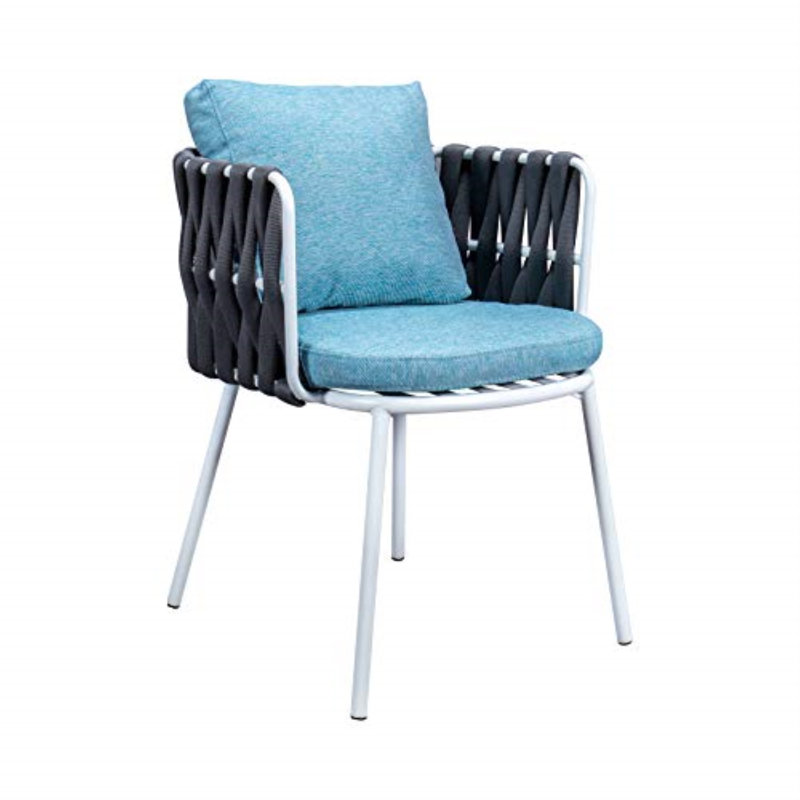 Daenerys Premium All-Weather Wicker Outdoor Dining Armchair with Cushion, Grey Frame & Blue Cushion