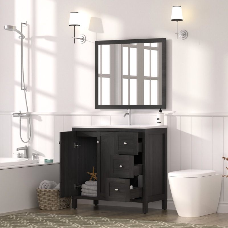 35.5" Bathroom Vanity With Black Finish, Resin Basin, 3 Drawers, Soft Closing Doors, Splash Plywood Construction For Durability