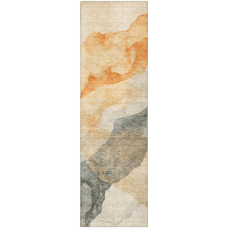 Premium Machine Washable Mayfield AMF2109 Abstract Rug, 2'3" x 7'6" Runner, Orange