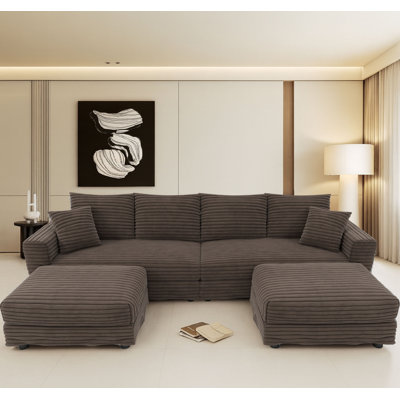 Modern Corduroy Fabric Upholstered 4-Seater Sectional Sofa with 2 Ottomans