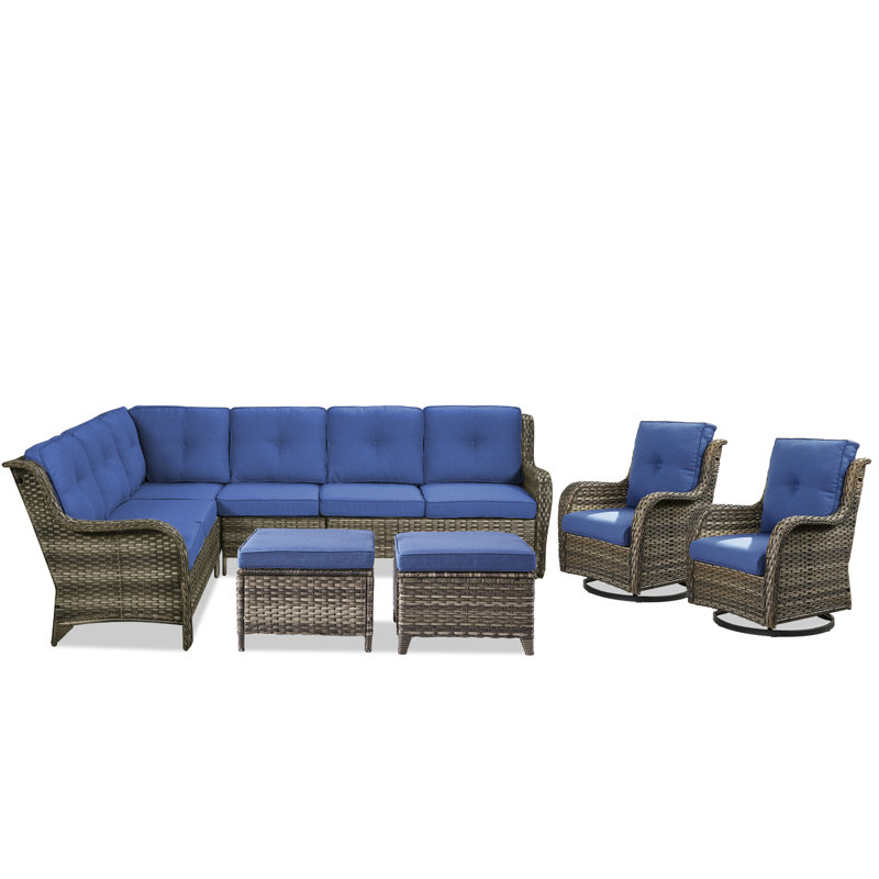 6-Piece Outdoor PE Rattan Sectional Seating Group With Cushions, Gray, Blue