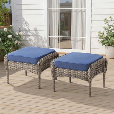 Ensemble de 2 repose-pieds d'extérieur en osier avec coussin bleu PE