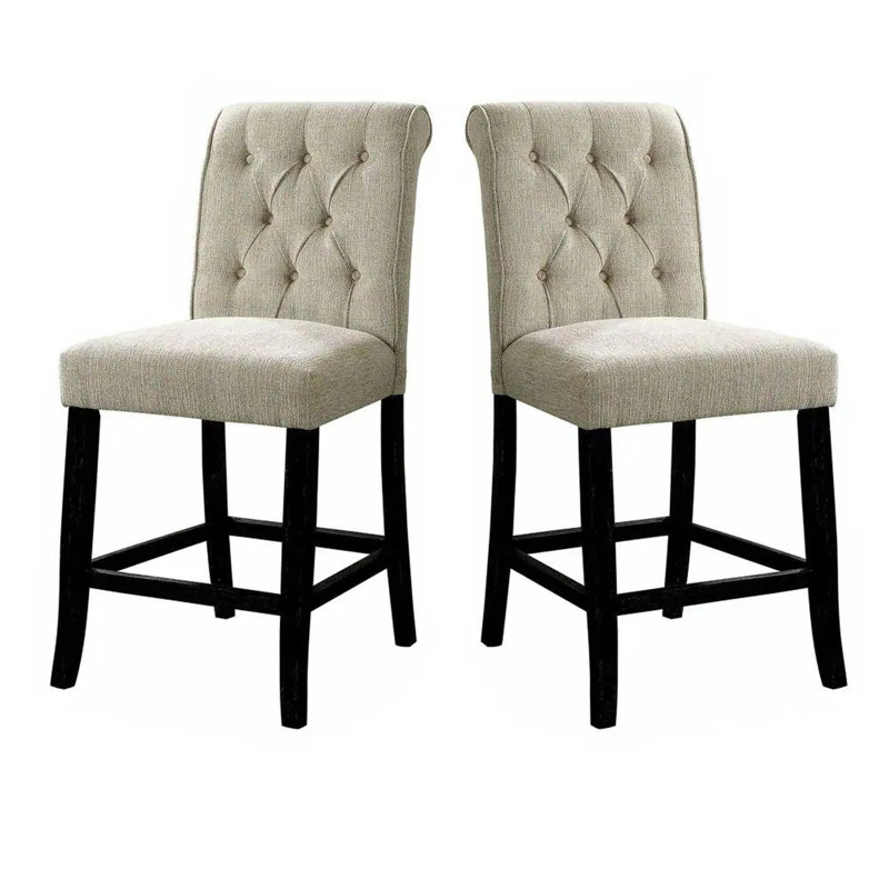 Dining Room Furniture Rustic Style Set Of 2 Counter Height Chairs Chenille Fabric Upholstered Tufted Kitchen Breakfast