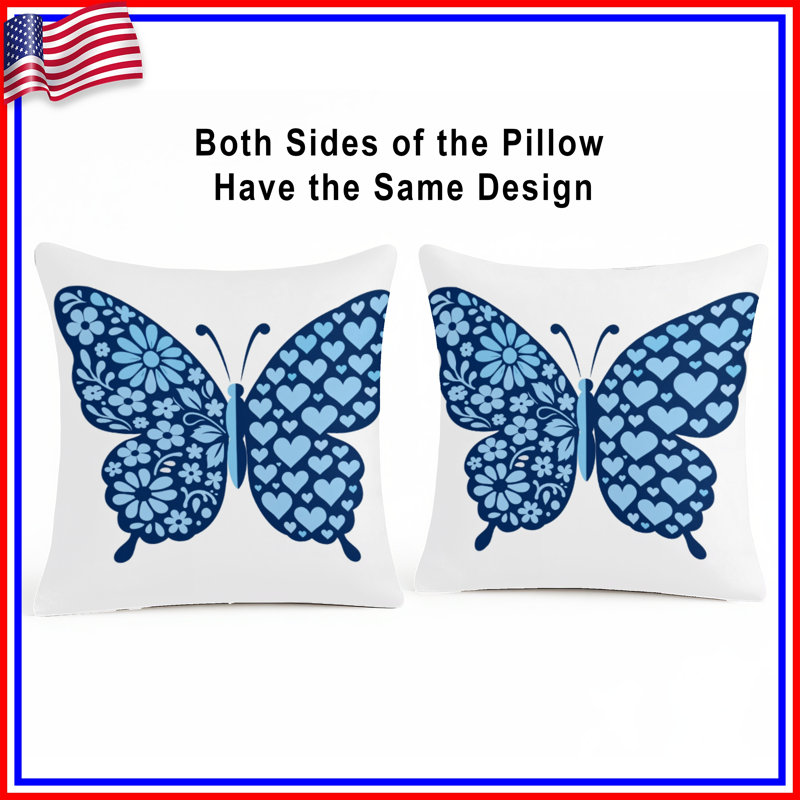 Coussins décoratifs Blue Butterfly Hearts, 14 X 14 pouces