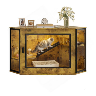 48" Corner Cat Litter Box Enclosure, Modern Hidden Litter Box Corner Cabinet With Acrylic Door And LED Light, Cat House With Playground And Stairs, Tiger