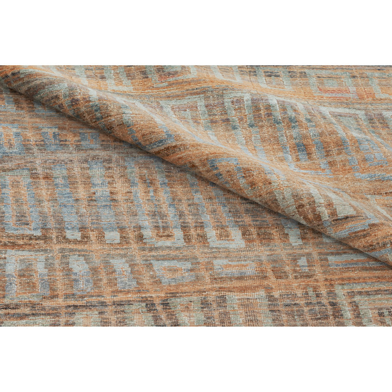 High-Quality Hand-Knotted Orange And Grey Area Rug, Rectangle 8' x 10'