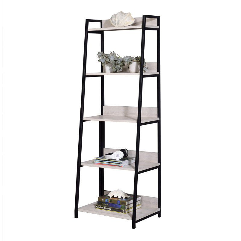 Bibliothèque autoportante rectangulaire de 24 pouces de largeur, 5 compartiments ouverts, placage de papier au fini naturel stratifié + tablettes, structure en métal noir, capacité de 100 lb