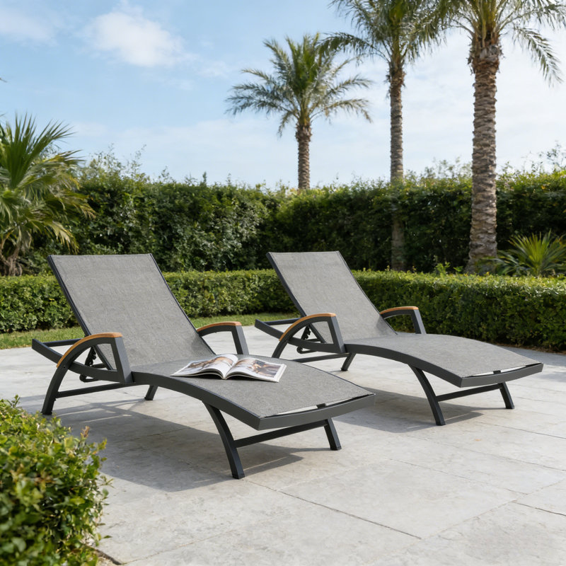 Chambray Outdoor Aluminum Chaise Lounge Chairs With Phifertex Sling Fabric, Gray