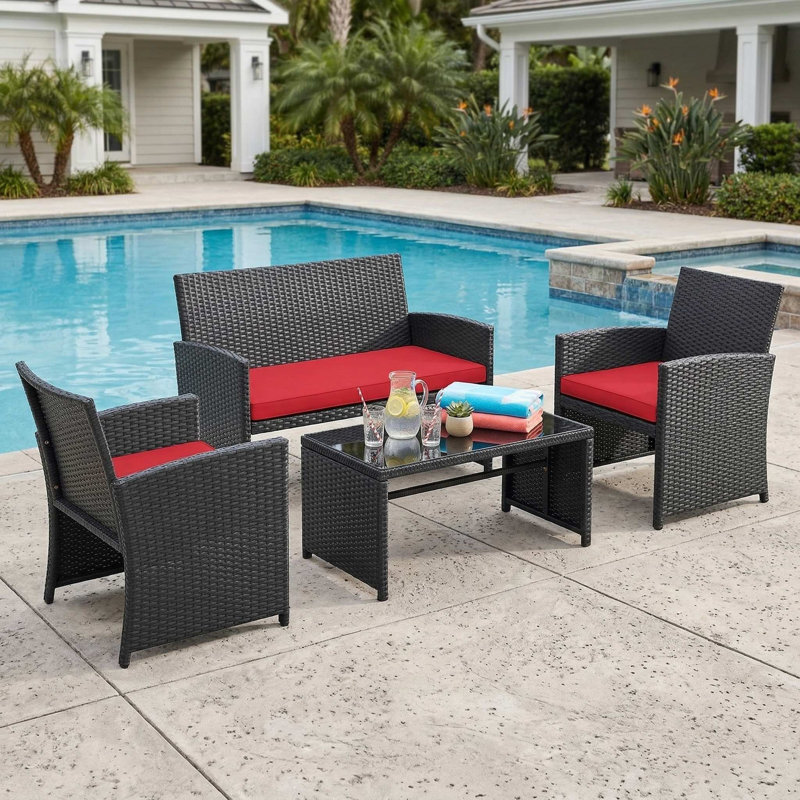 4-Piece All-Weather Patio Conversation Furniture Set, 3 Upholstered Seats With Removable Washable Cushions, 1 Side Table With Scratch-Resistant Tempered Glass Tabletop
