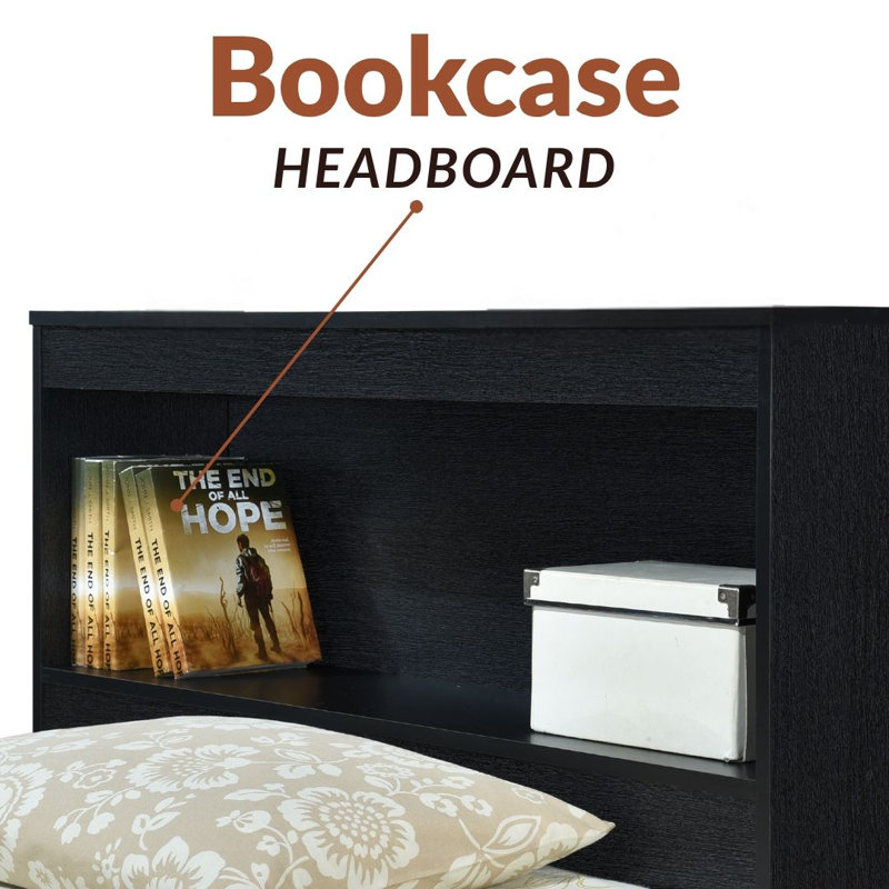 Lit plateforme simple avec tête de lit bibliothèque et 3 tiroirs pour les vêtements , Noir