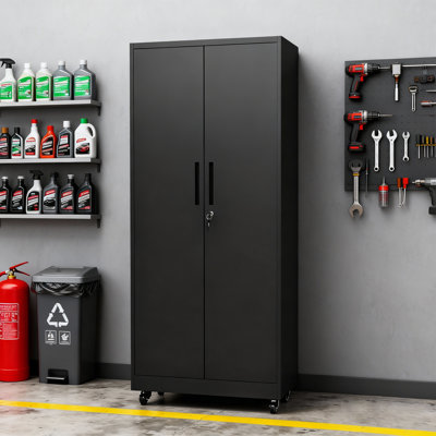  Mobile 71" Metal Rolling Garage Storage Cabinet with Locking Doors & Casters - Portable Garage Tool Organizer in Black